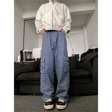 N122-P65秋冬新款男女宽松直筒条纹牛仔裤百搭拖地裤工装牛仔裤，男装牛仔裤，电商B327