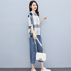 2023夏季棉麻格子时尚简约大方气质优雅休闲透气两件套，女装套装/套裙，独衣靓