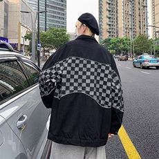 牛仔外套男秋季新款潮牌休闲棋盘格拼接夹克宽松百搭上衣X330/P45，男装工装外套，星座506