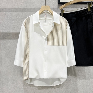 夏季翻领拼接五分袖衬衫男短袖休闲痞帅冰丝衬衣服男士 CA610图片