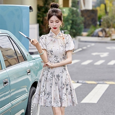 复古印花小个子旗袍连衣裙女2024夏季新款立领盘扣修身泡泡袖裙子，女装连衣裙，依如秀(原杭风阁)