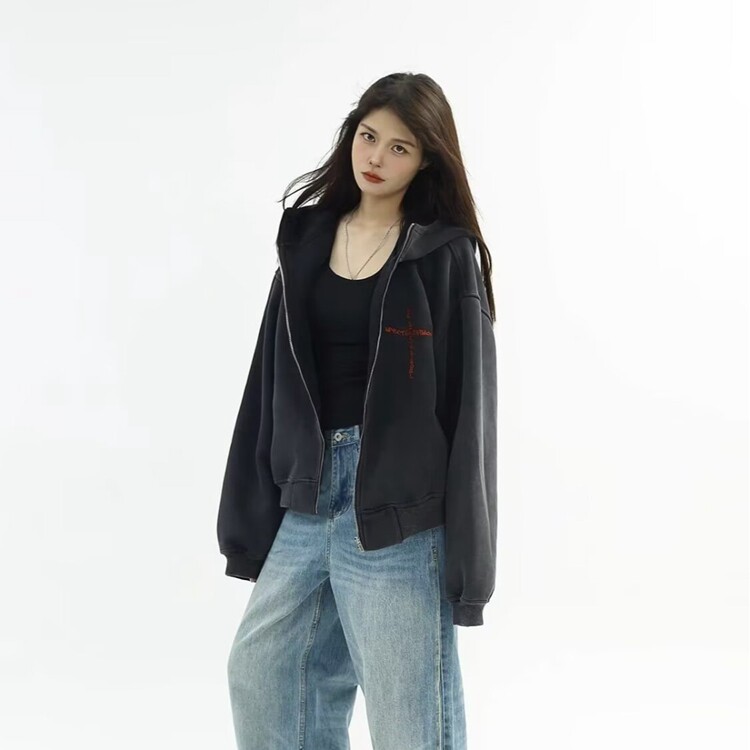 美式慵懒风外套男秋冬季hiphop复古连帽开衫卫衣大码宽松情侣上衣图片
