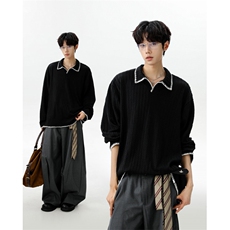 美式简约翻领亨利领百搭设计麦穗纹手缝线polo衫长袖卫衣WY02TP40，男装Polo衫，电商B318