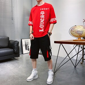 新款夏季潮流时尚T恤男装青少年宽松ins休闲圆领套装F178P70,武僧最强套装搭配图片