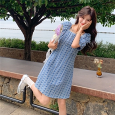 蓝色泡泡袖小个子连衣裙女2025夏季新款设计感格纹掐腰显瘦A字裙，女装连衣裙，2C206