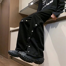 黑色阔腿微喇牛仔裤男春秋美式高街宽松直筒排扣时尚裤街头休闲裤，男装牛仔裤，星座601-2