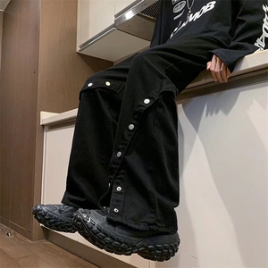 黑色阔腿微喇牛仔裤男春秋美式高街宽松直筒排扣时尚裤街头休闲裤图片