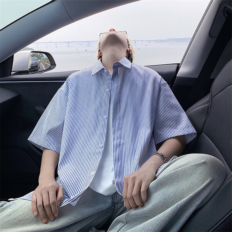 B221美式ins高街宽松薄款条纹短袖衬衫SY2552-特P28控49,男装衬衫,电商B221
