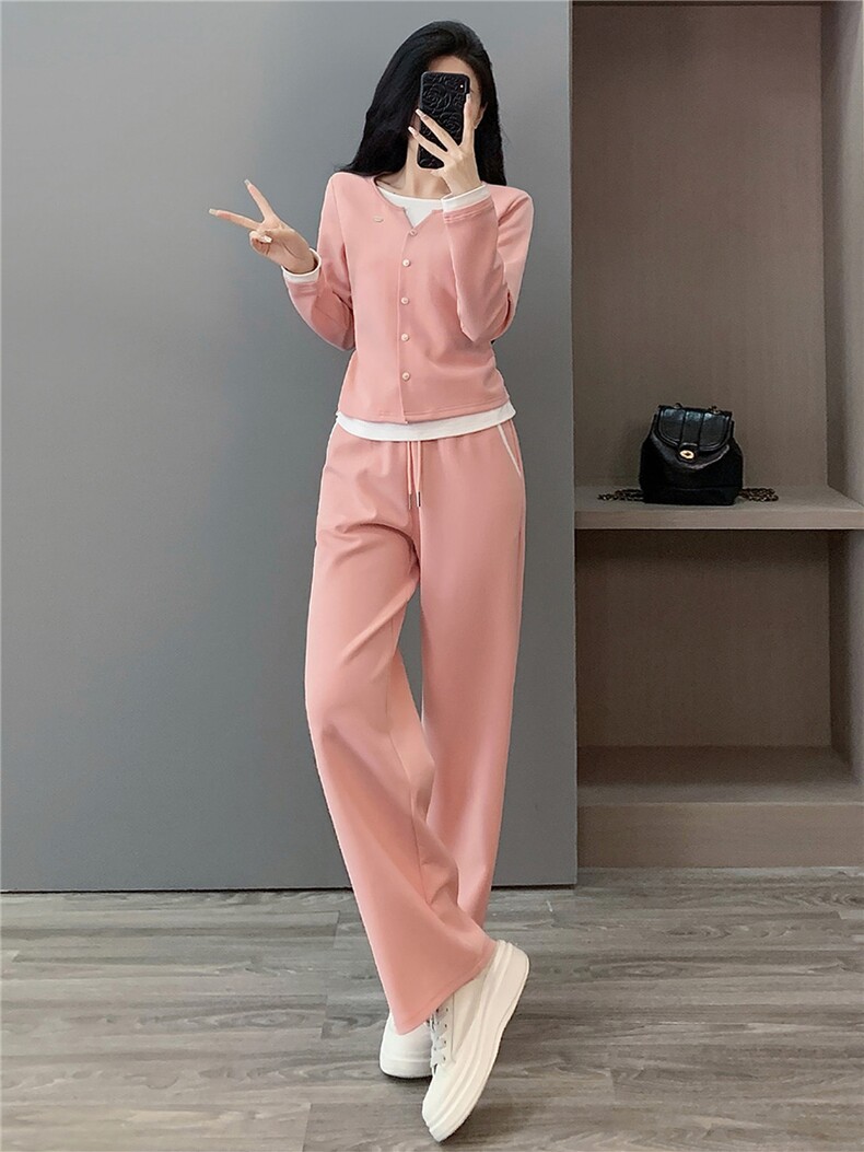 设计感时尚气质简约套装女秋季新款粉色假两件上衣阔腿长裤两件套,女装套装/套裙,江南