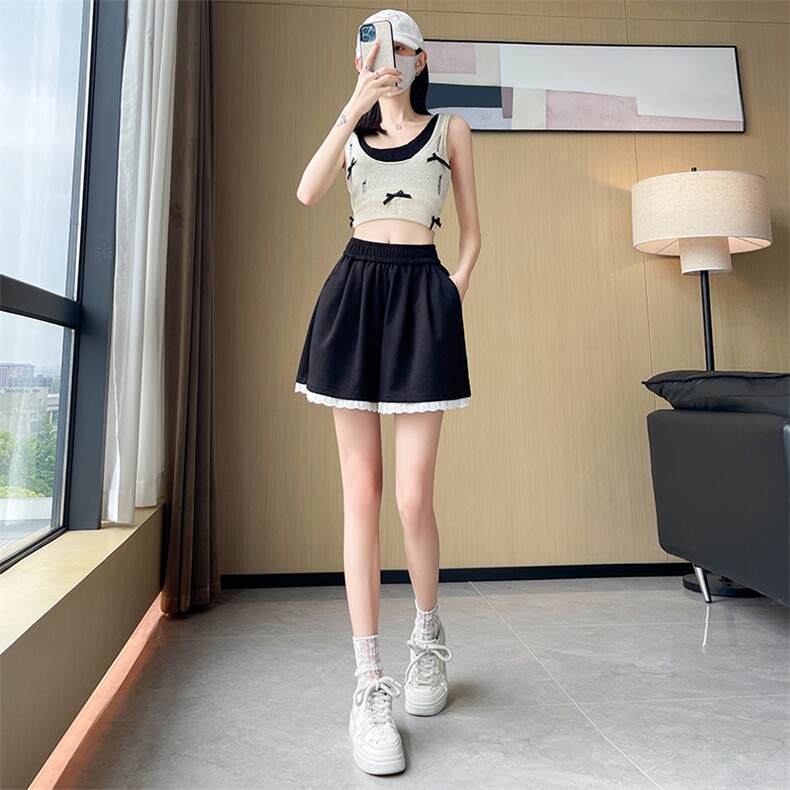 蕾丝边拼接松紧高腰阔腿裤女2024夏季新款休闲裤韩版百搭短裤,女装短裤/热裤,梦白服饰厂