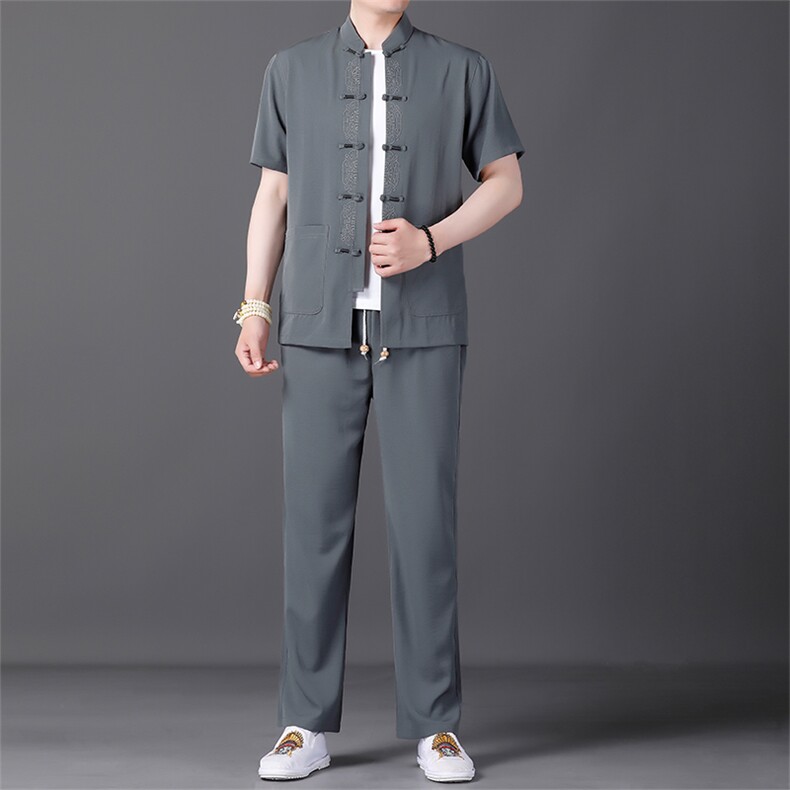 唐装男风两件套夏季中老年男士爸爸夏装短袖中式汉服刺绣盘扣，男装民族服装，电商B212（原钱塘6029）