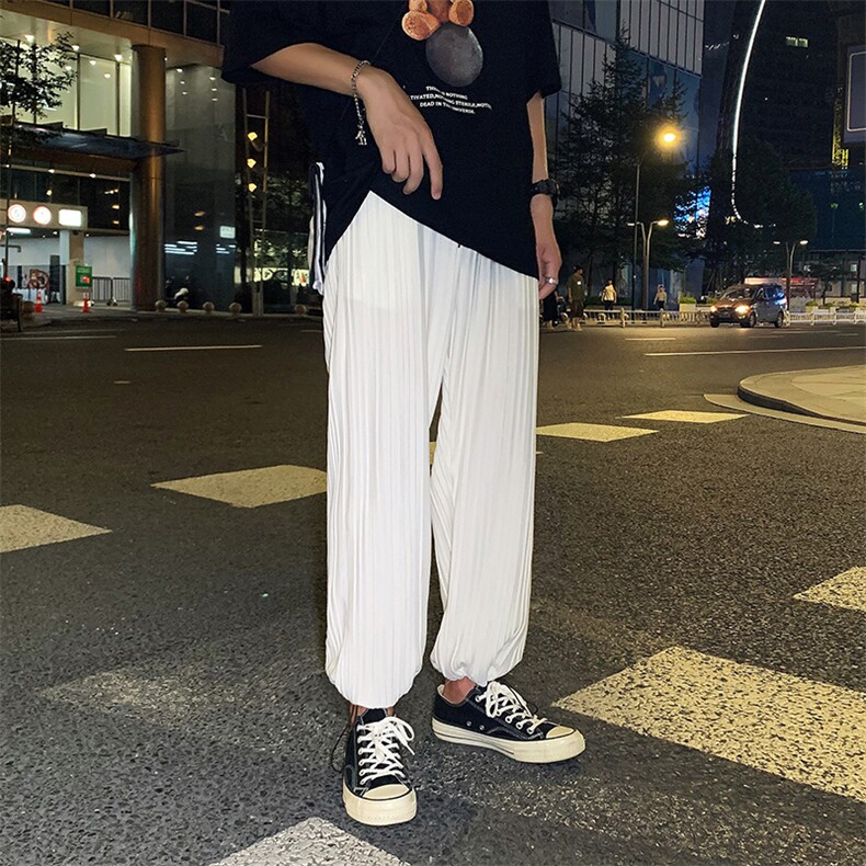 港风夏男休闲百褶裤冰丝抽绳系带九分裤h90P35,男装休闲裤,星座1013-1