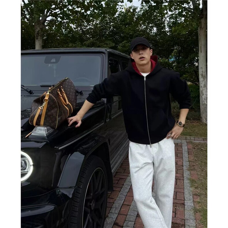 网图460克拼色开衫卫衣男女连帽宽松情侣外套运动H1112特P58，女装短外套，电商A341