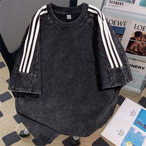 抖音得物高品质240克美式复古潮牌做旧水洗三条杠织带短袖T恤YQ45图片