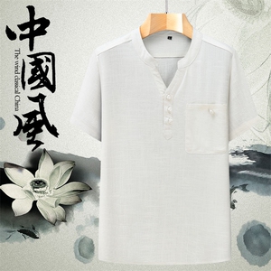 主推中年亚麻T恤风半袖爸爸宽松休闲男棉麻上衣YD973-P55图片