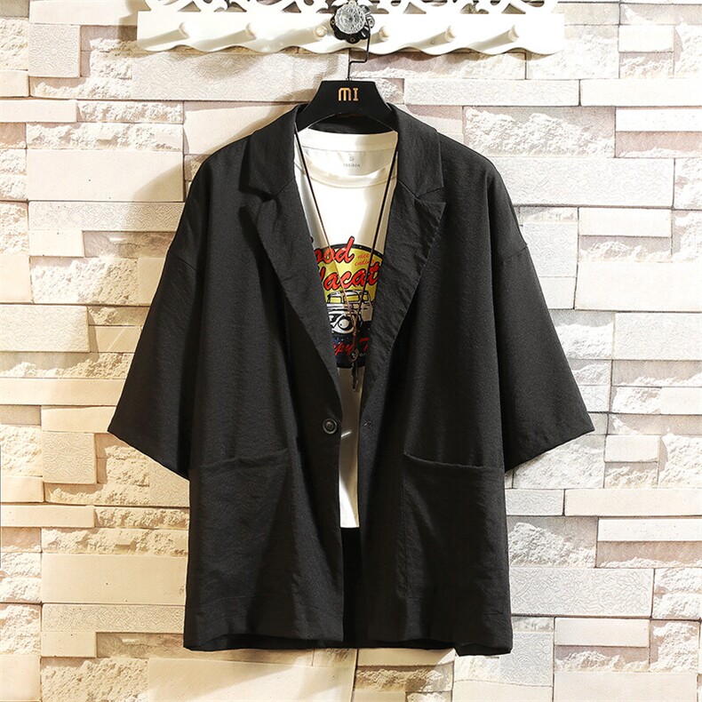 港风夏季新款潮流男士七分袖西服浅蓝西装薄款X110P45图片