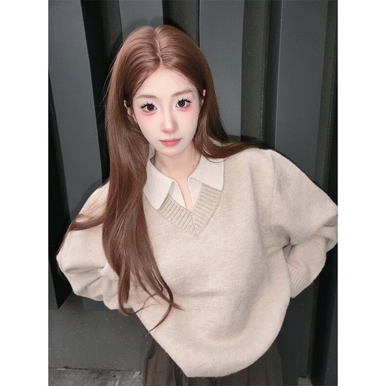 重磅北极绒假两件衬衫领毛衣美式高街复古休闲慵懒纯色翻领针织衫，男装针织衫/毛衣，电商A486