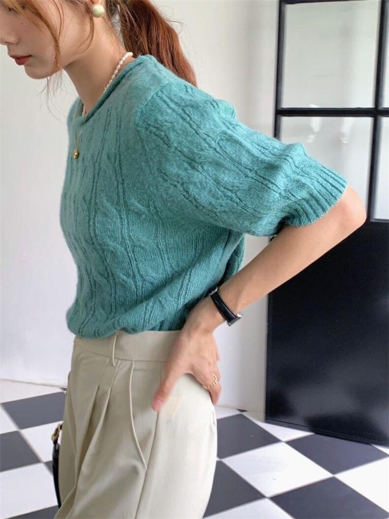 款号：WM0022 名称：花圆领短袖毛衣，女装针织衫/毛衣，BD