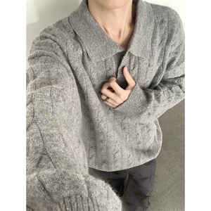 简约翻领混纺羊毛麻花毛衣cleanfitt老钱风男女保暖图片