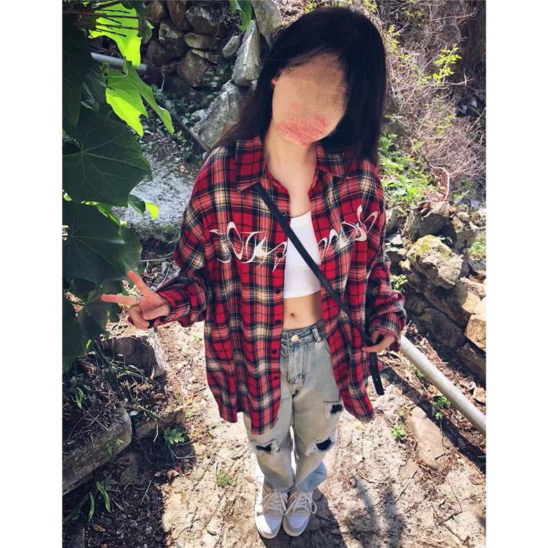 美式复古格子长袖衬衫男女春夏秋季潮牌宽松刺绣休闲衬衣外套潮流,男装衬衫,星座1210-1