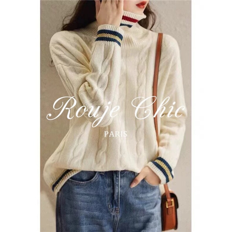2025年秋季新款麻花绞花拼色高领加厚保暖毛衣，女装羊毛衫，宛庄羊绒