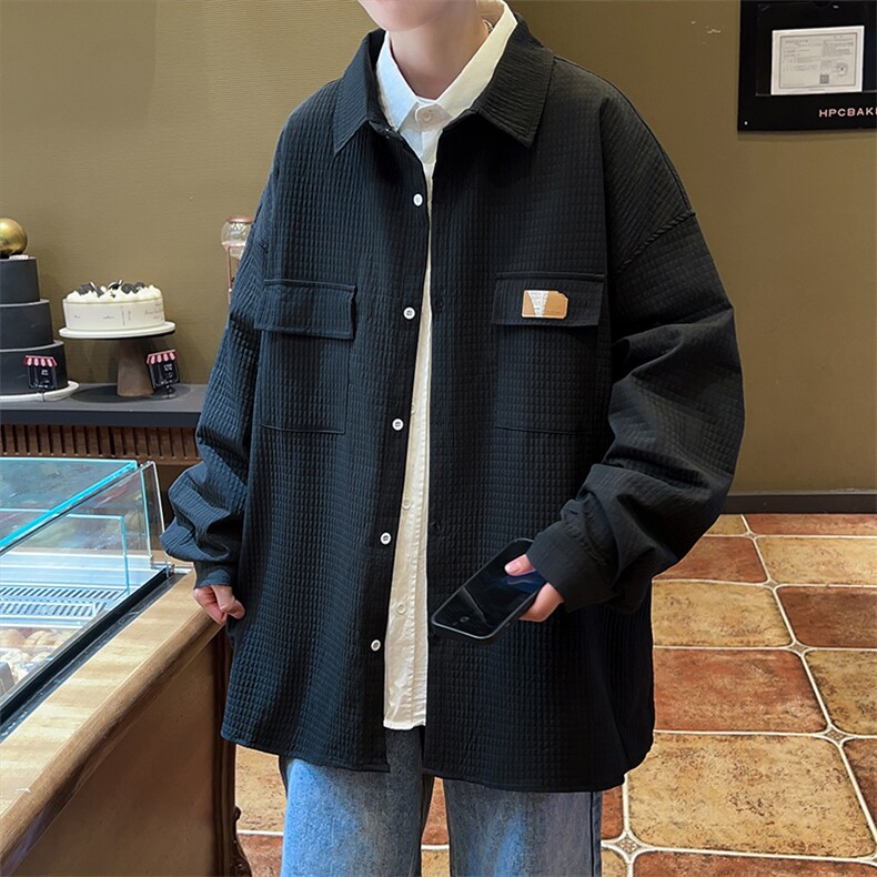 A775-P36新款百搭华夫格外套男潮流宽松长袖衬衫日系休闲衬衣服,男装衬衫,星座512-6