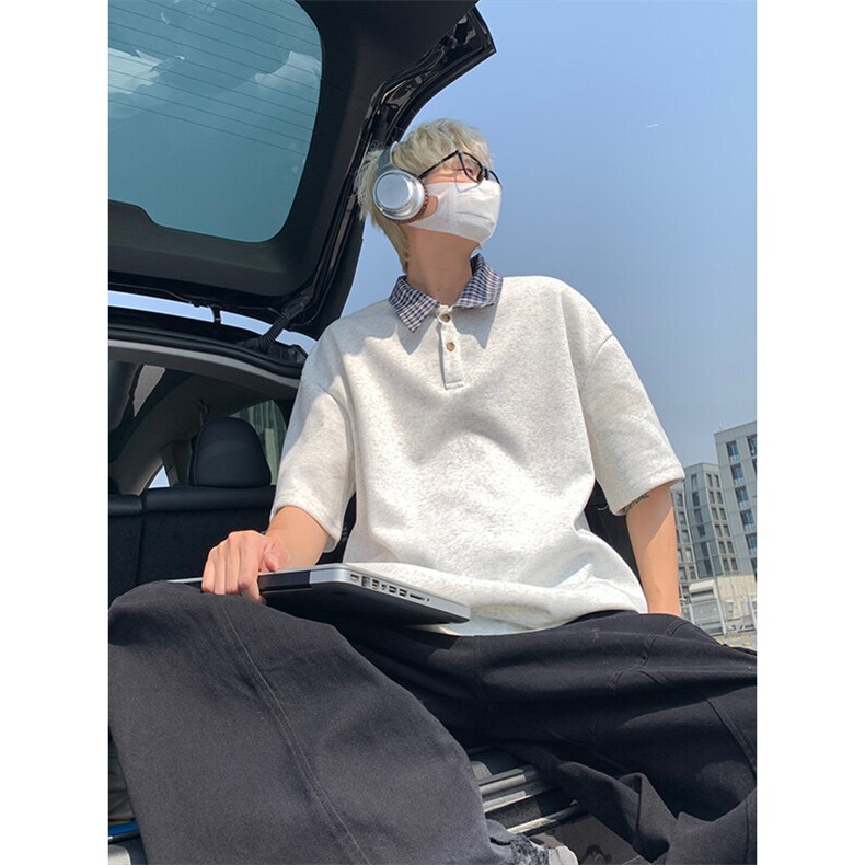 假两件格子拼接T恤夏季美式潮牌短袖POLO衫翻领上衣T3640-特价P29图片