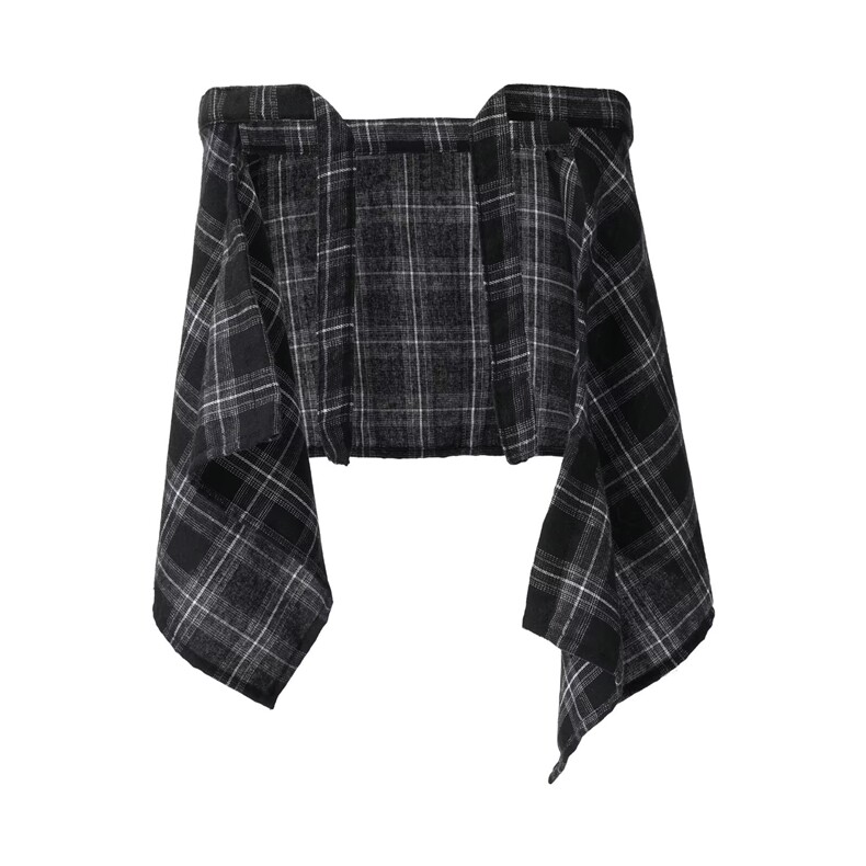 舞蹈一片式屁帘遮挡裙女男嘻哈高街不规则下摆分层格子假衬衫裙摆，男装衬衫，四季星座505