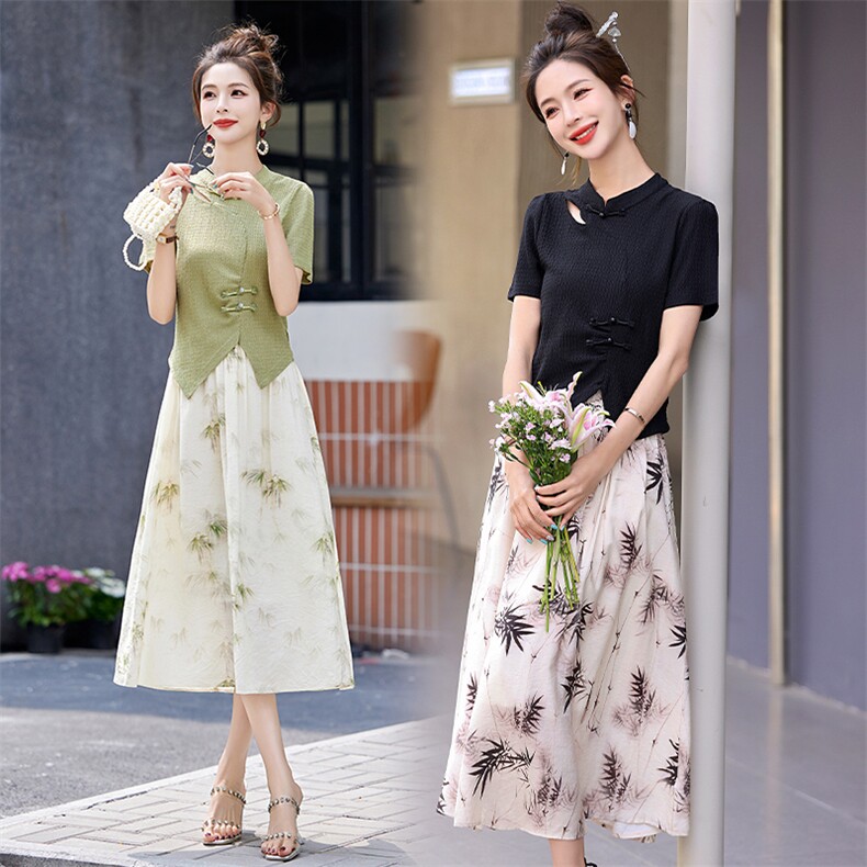 【专柜24夏】新中式镂空露肩盘扣皱感上衣&印花半裙套装夏女251,女装套装/套裙,韩美纤衣