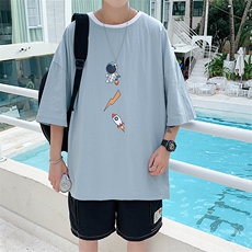 YT26165-P30亚麻短袖t恤男大码五分袖男宽松七分袖港风模特，男装T恤，电商A040