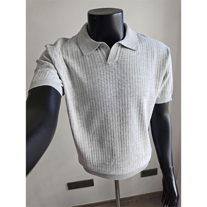 盗图老钱风海鸥领纯色弹力复古针织短袖POLO衫H91056/P58控88，男装T恤，电商A243