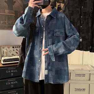 新款春秋牛仔衬衫男港风宽松长袖衬衣韩版潮流痞帅上衣cs60-p55图片
