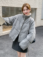 灰色宽松面包服短款慵懒风羊毛呢羽绒服白鸭绒外套6096P245K358，女装羽绒服，维壹