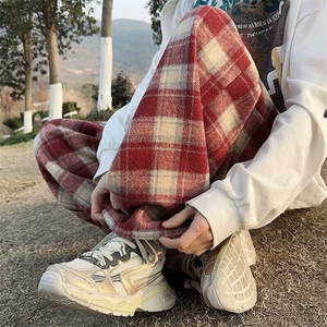 红色格子裤子春秋冬新款高腰垂感阔腿裤休闲加厚毛呢棉裤KK351-45图片