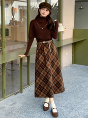 设计感洋气套装裙女2025冬新款针织斗篷打底衫格纹半身裙三件套，女装套装/套裙，超帛