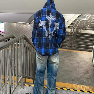 美式哥特风蓝格连帽衬衫男女春秋季潮牌高街拉链宽松休闲长袖外套图片