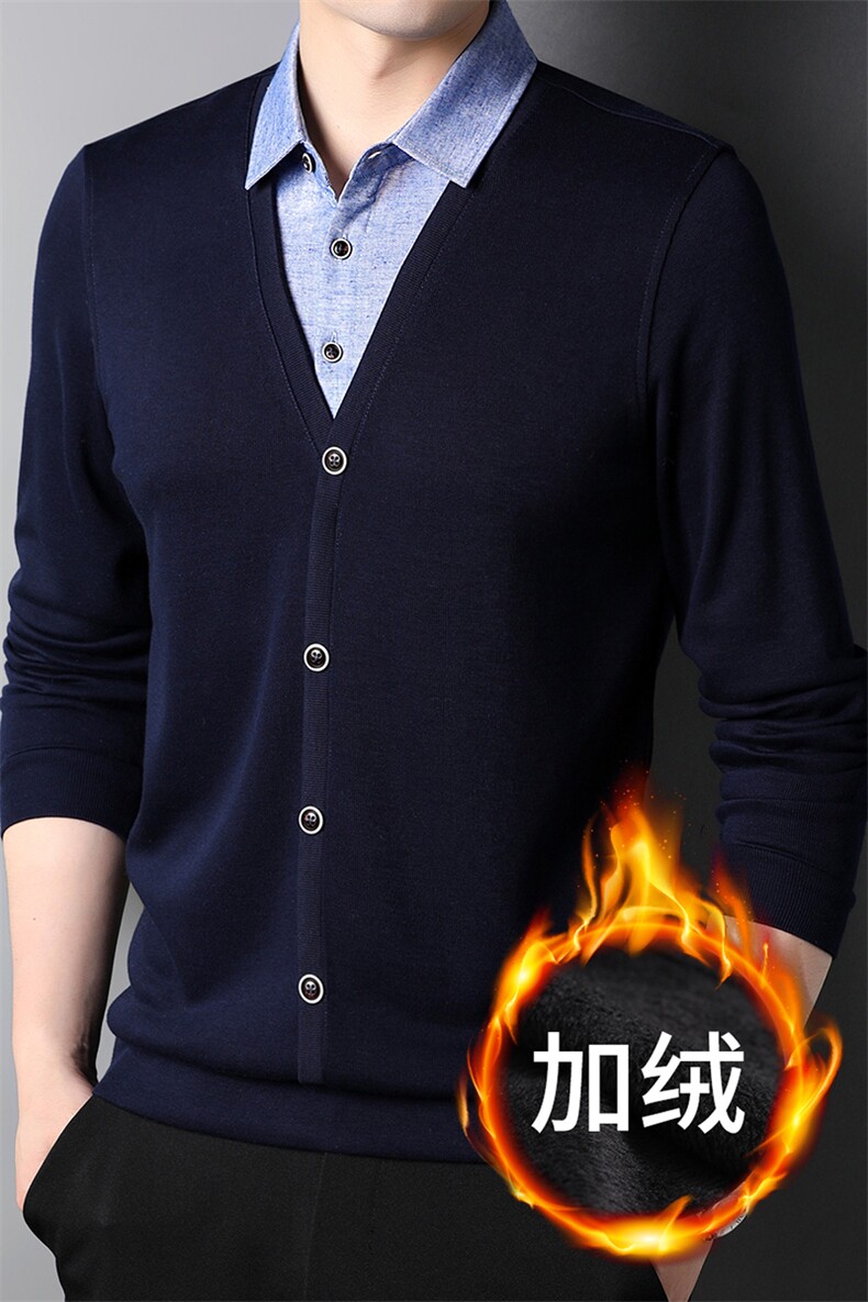 秋冬季男士新款加绒加厚保暖针织打底衫中年男装休闲假两件毛衣,男装针织衫/毛衣,电商B212（原钱塘6029）