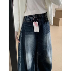 蓝灰色慵懒松弛风牛仔裤女小个子梨形宽松粗腿遮肉显瘦弯刀阔腿裤，男装牛仔裤，星座813-2