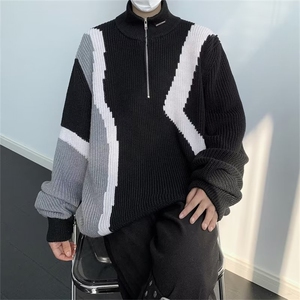 撞色毛衣男秋冬季设计感慵懒风针织外套保暖套头圆领线衣图片
