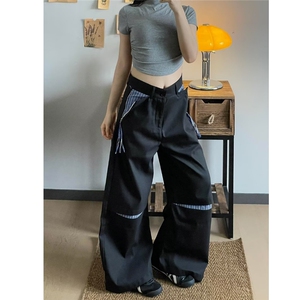 破口拼接条纹设计弯刀裤男女学院风美式高街半松紧微喇黑色西裤图片