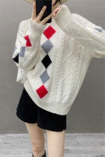秋冬新款山羊绒衫女套头上衣提花针织衫毛衣宽松女士学院风菱格，女装羊绒衫，织绒羊
