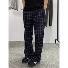 美式高街深蓝色格子休闲裤男款宽松直筒显瘦微喇裤cleanfit裤子潮，男装休闲裤，星座506A