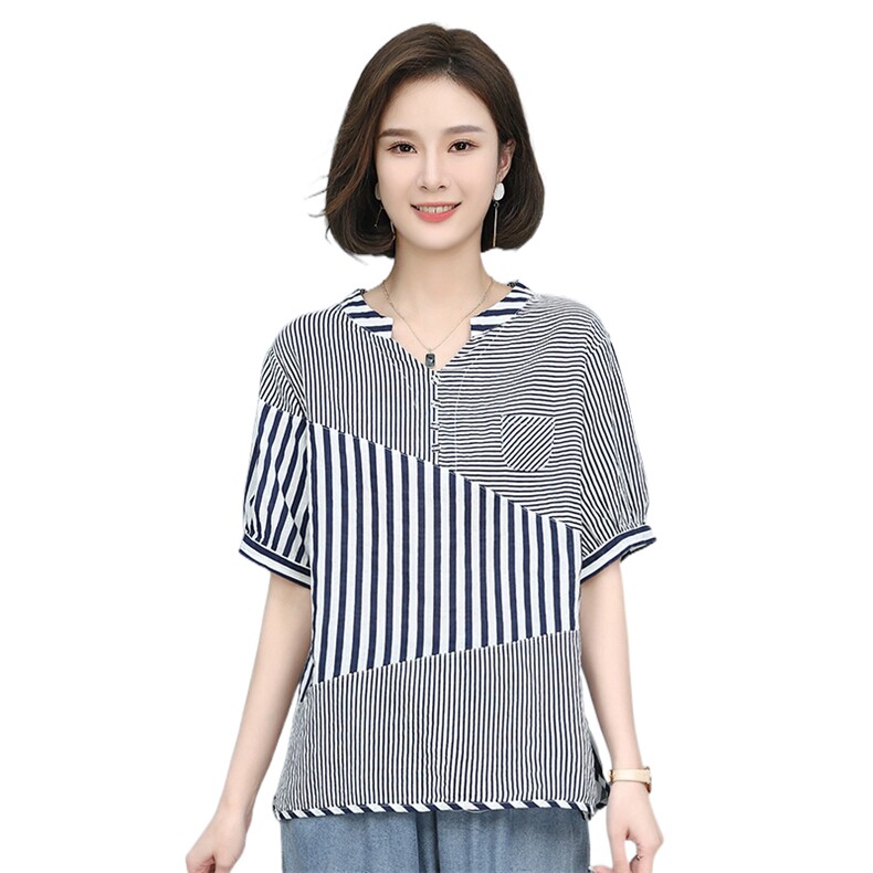 时尚条纹宽松短袖衬衫女夏季新款韩版百搭显瘦上衣休闲女装,女装衬衫,叶笙衣