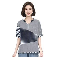 时尚条纹宽松短袖衬衫女夏季新款韩版百搭显瘦上衣休闲女装，女装衬衫，叶笙衣