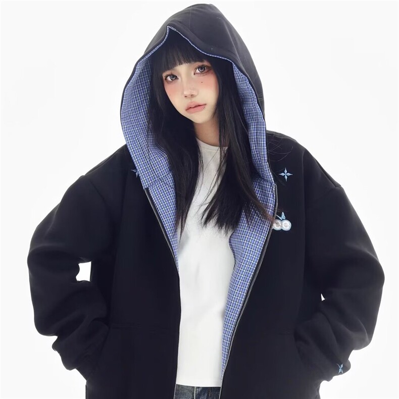 美式复古秋冬宽松格子拼接刺绣开衫拉链卫衣休闲夹克外套男女同款图片