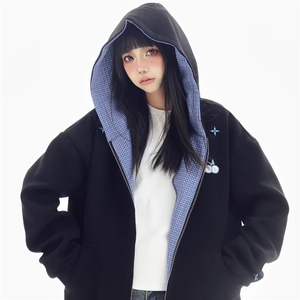 美式复古秋冬宽松格子拼接刺绣开衫拉链卫衣休闲夹克外套男女同款图片