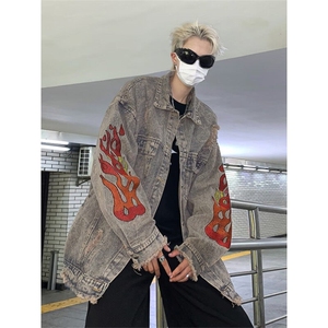 D2170-P70新款潮水洗破坏毛边火焰刺绣牛仔外套男女秋季ins夹克图片