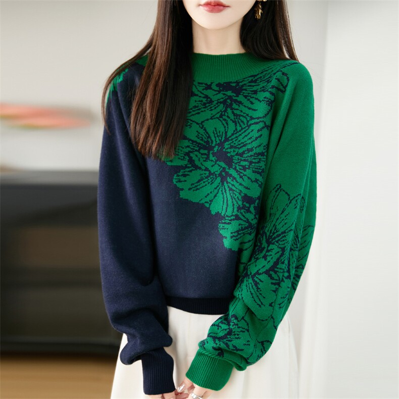 气质绿色提花拼色毛衣女2025秋冬新款加厚保暖打底针织衫百搭上衣,针织衫/毛衣,唐诺