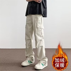 美式工装裤男潮日系宽松褶皱工装裤痞帅加绒直筒长裤子MK179P47，男装工装外套，星座1013-5