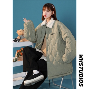 冬装新款菱形格工装棉衣 加绒毛领宽松棉服外套潮 Q327-P120控148图片